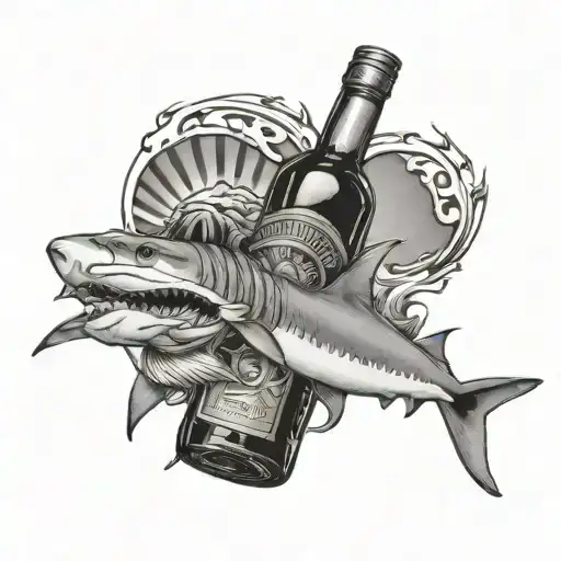 bottle of baileys, shark fin and sun tattoo design idea