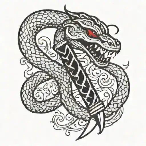 silver dagger, snake-shaped handle with ruby ​​red eyes tattoo design idea