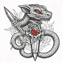 silver dagger, snake-shaped handle with ruby ​​red eyes tattoo design idea