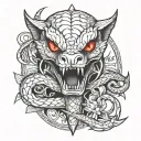 silver dagger, snake-shaped handle with ruby ​​red eyes tattoo design idea