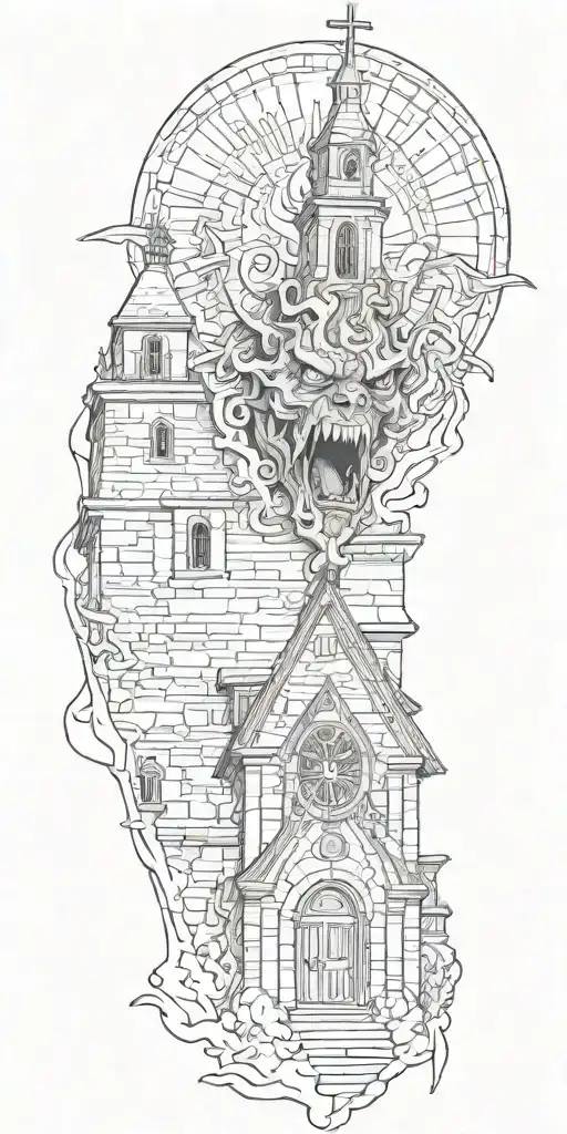 demon crying in front of a church  tattoo design idea