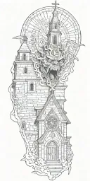 demon crying in front of a church  tattoo design idea