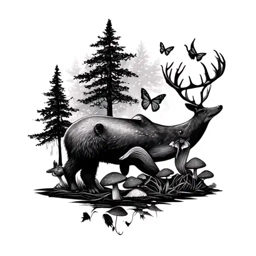 woodsy bear deer whale butterfly cardinal trees mushrooms tattoo design idea