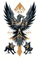 Warrior phoenix with three wolves tattoo design idea