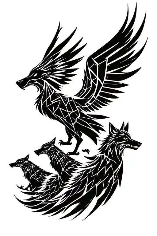 Warrior phoenix with three wolves tattoo design idea