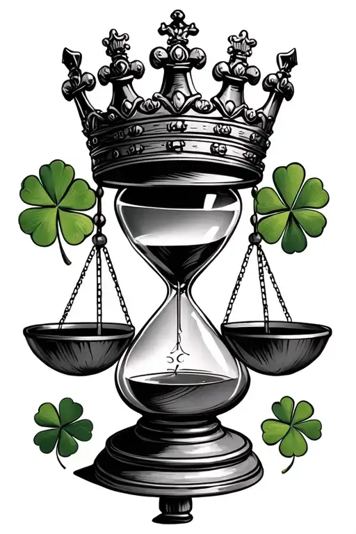 hour glass chess king crown and 4 leaf clover surrounding on the bottom put a balance  scale  tattoo design idea