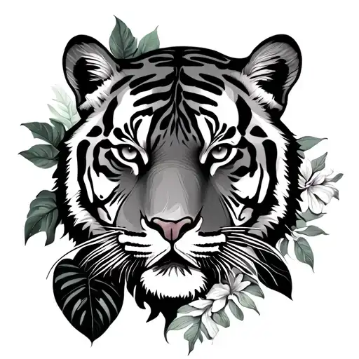 Tiger face with hibiscus and monstera plant tattoo design idea