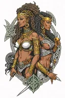 African Valkyrie & celtic valkyrie warrior woman holding tattoo design idea