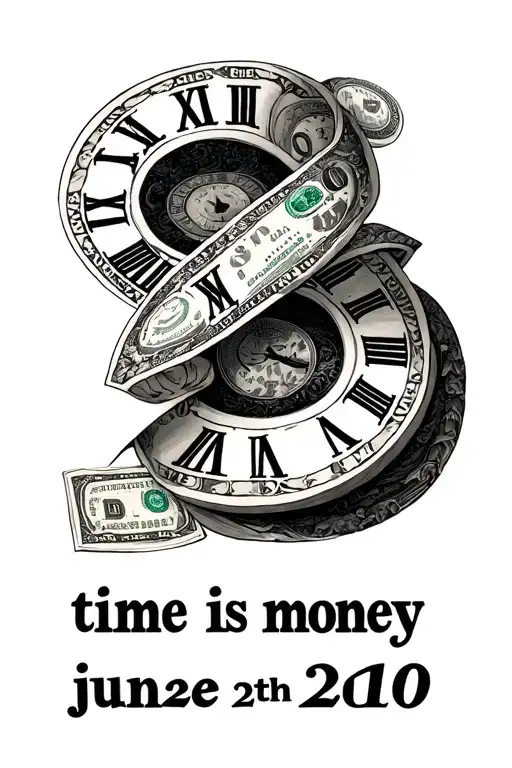 june 26th 2010 in roman numerals fading into the message "time is money" tattoo design idea