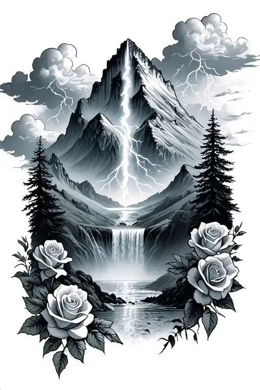 mountain with a waterfall and roses and lightning with clouds incorporated together tattoo design idea