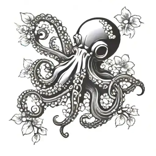 Mechanical octopus with traditional Japanese waves and cherry blossoms tattoo design idea