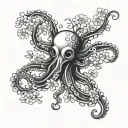 Mechanical octopus with traditional Japanese waves and cherry blossoms tattoo design idea