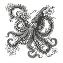 Mechanical octopus with traditional Japanese waves and cherry blossoms tattoo design idea