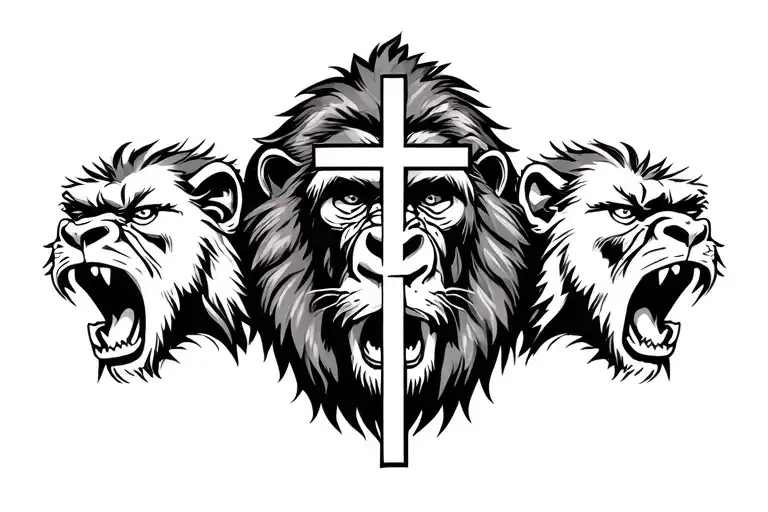 lion and gorilla roaring with cross in the middle tattoo design idea