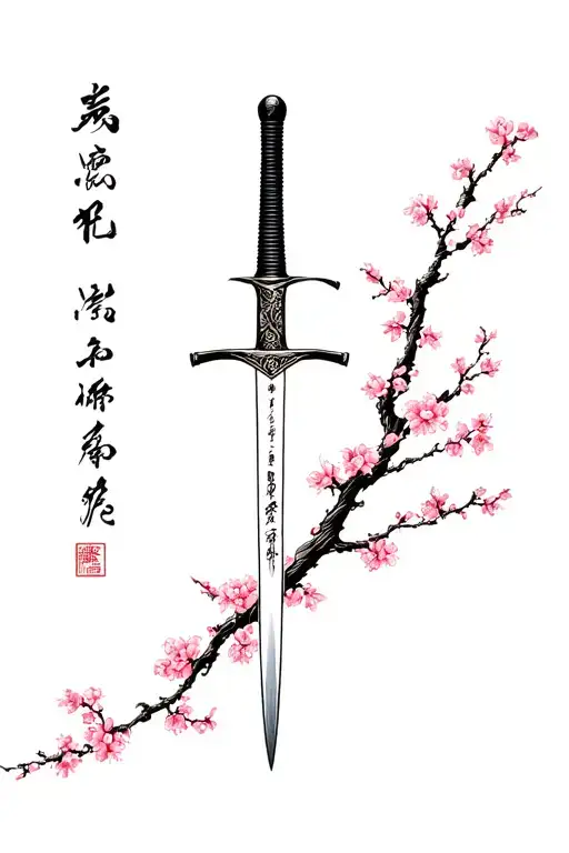 Japanese word vertically making a samurai sword and try to add a cherry blossom tree inside too tattoo design idea