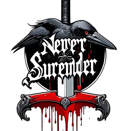 sword with blood dripping text saying never surrender gothic theme with a crow tattoo design idea