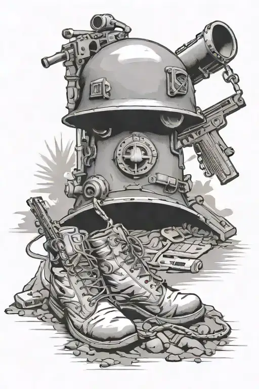 soldiers memorial and the 16 stuck in ground with soldiers helmet on stock and dog tags hanging from scope with combat b tattoo design idea