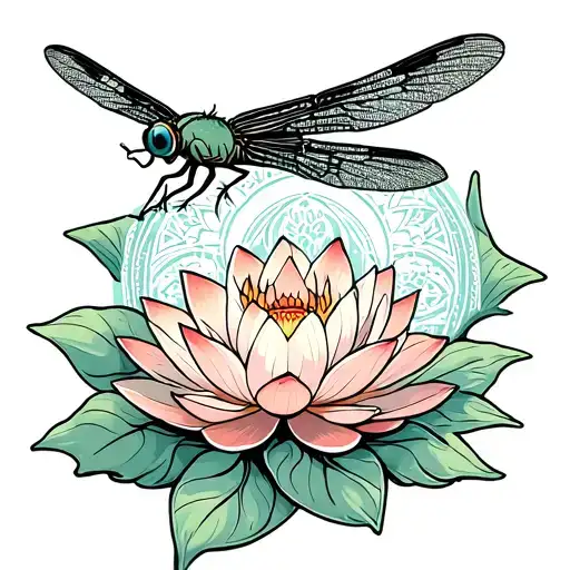 A dragonfly hovering over a lotus flower with a mandala design in the background, symbolizing personal growth and meditation tattoo design idea