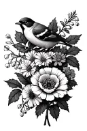Carnation, violet, daffodil, daisy, lily of the valley, Rose, larkspur, poppy, aster, holly with a sparrow tattoo design idea
