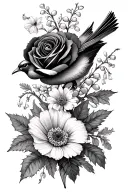 Carnation, violet, daffodil, daisy, lily of the valley, Rose, larkspur, poppy, aster, holly with a sparrow tattoo design idea