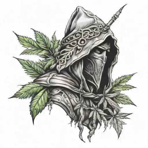 hooded warrior with weed leaf shaped like tattoo design idea