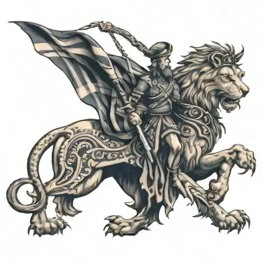 Scottish  rampant lion with lone piper leading humans tattoo design idea