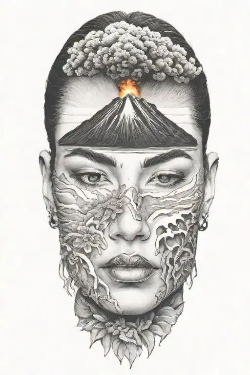 side profile,female face, hawaii, nature, volcano explosion tattoo design idea