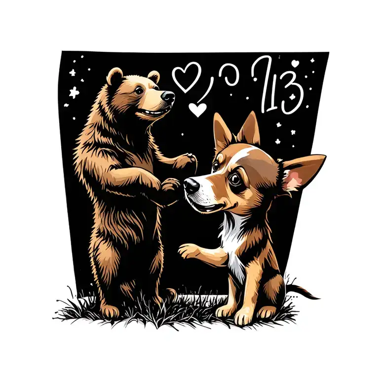 stufed bear and dog with a date on the top put the two stufed anialls playing  tattoo design idea