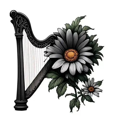 harp with only Daisies tattoo design idea