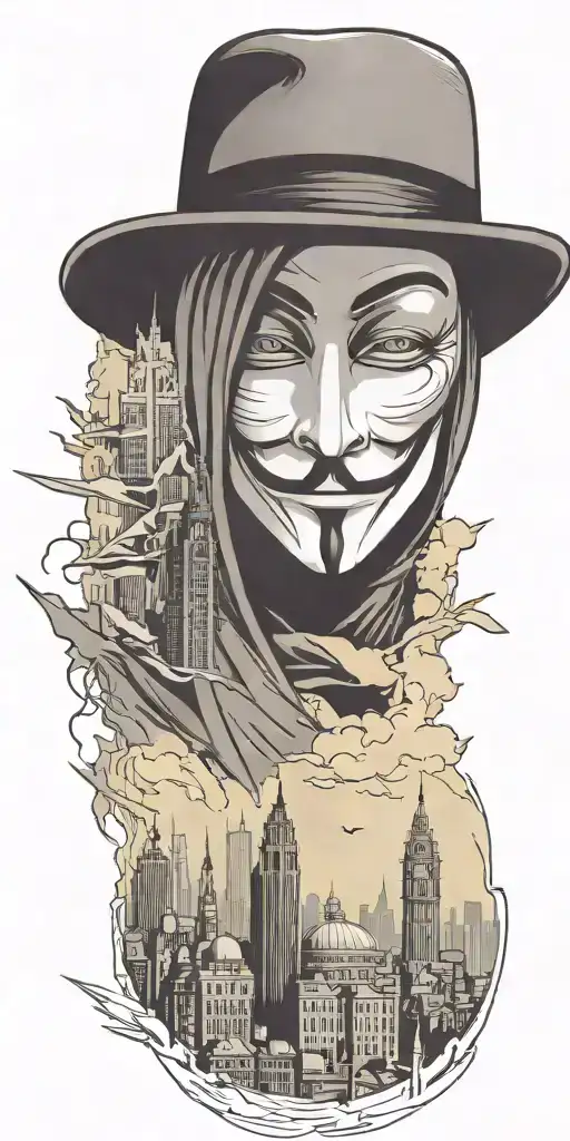 v for vendetta. hat with city skyline in the background tattoo design idea