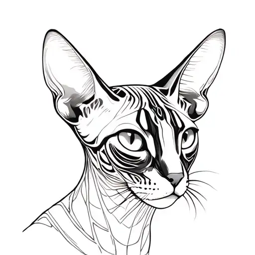 Tattoo for a man only the head of sphinx cat, not the neck, in black and white without too much filling, modern tattoo design idea