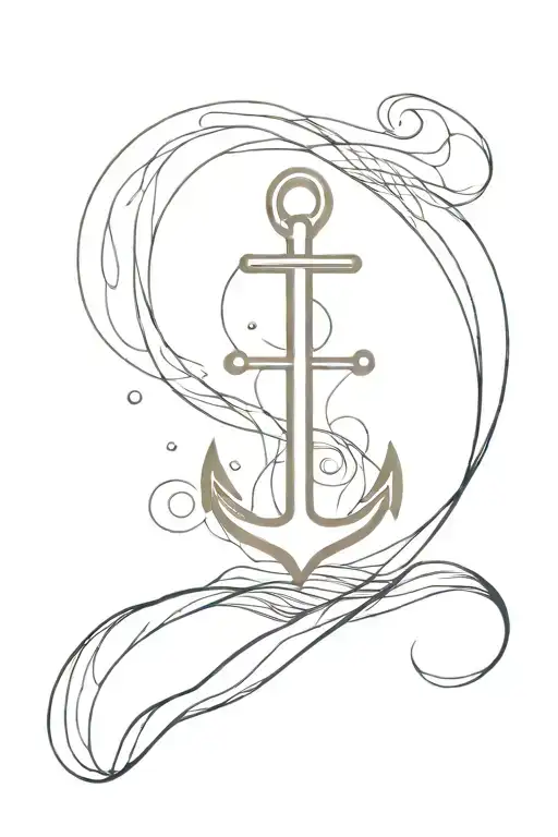 fine line tattoo anchor ocean wave merging tattoo design idea