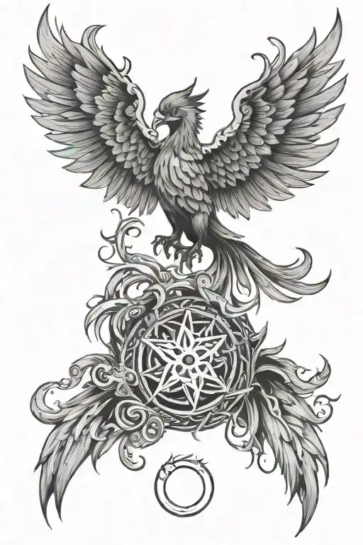 pheonix rising include sun and infinite symbol and good luck symbol  tattoo design idea