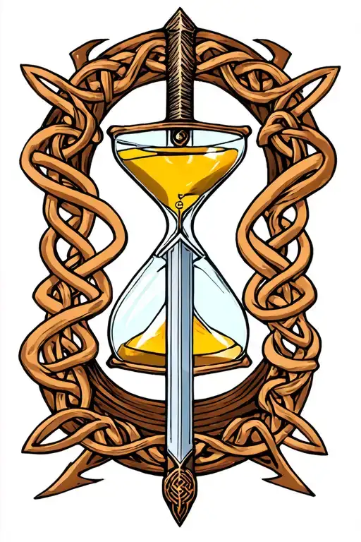 non drawn sword and hourglass, ronan style. Insert celtic symbols and knots tattoo design idea