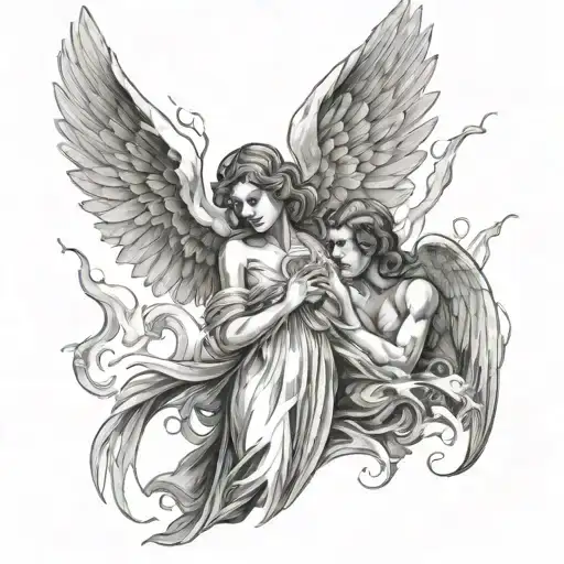 There is two angels with wings and the left one holds fire to qnother who is try to smoke a cigarett with it tattoo design idea