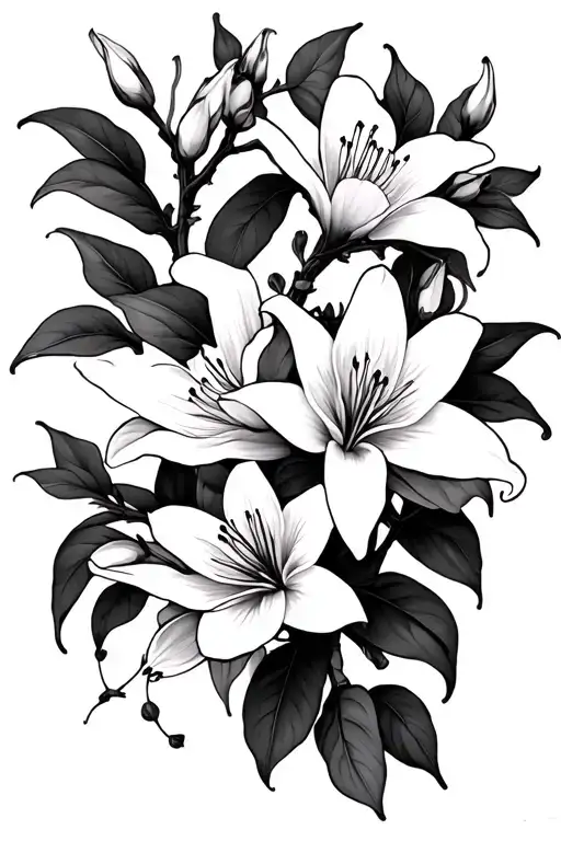 cherry blossom branches and spider lilies intertwined tattoo design idea