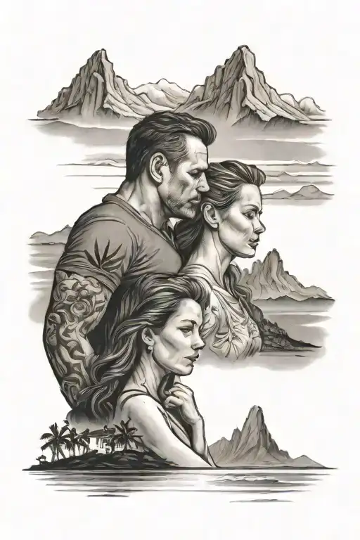 dad mom and daughter on beach with mountains in the background tattoo design idea