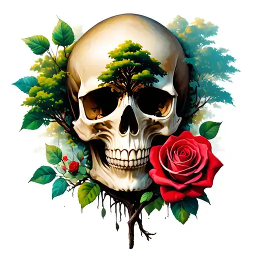 half a skull, a tree in the middle and a rose tattoo design idea