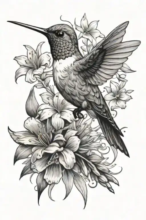 hummingbird with daisy and gladiolus flowers tattoo design idea