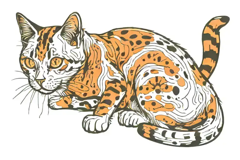 skinny female tabby cat, short hair, white hair on belly and chest, orange spot on head,, white paws. tattoo design idea