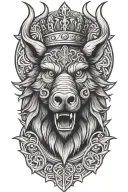 angry boar head wearing a crown with saint michaels sword and wings and a celtic trinity knot background  tattoo design idea
