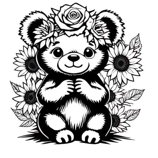 cute baby bear sitting with sunflowers and rose headband tattoo design idea