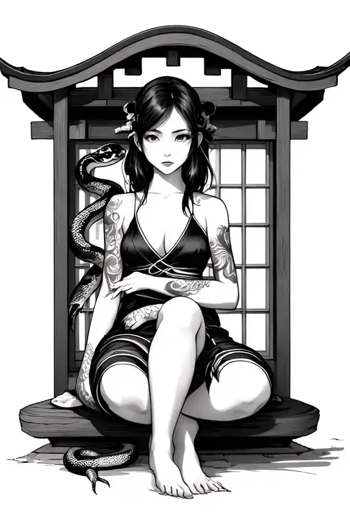 Japanese girl sitting outside shrine window with snake protector wrapping around arm tattoo design idea