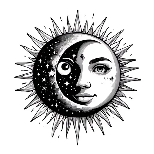 smile now cry later with sun and moon surrounded by stars tattoo design idea