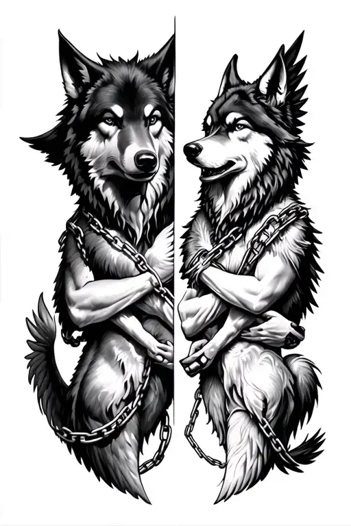 Calf tattoo, half angel, half demon holding one wolf and one demon wolf on chains tattoo design idea