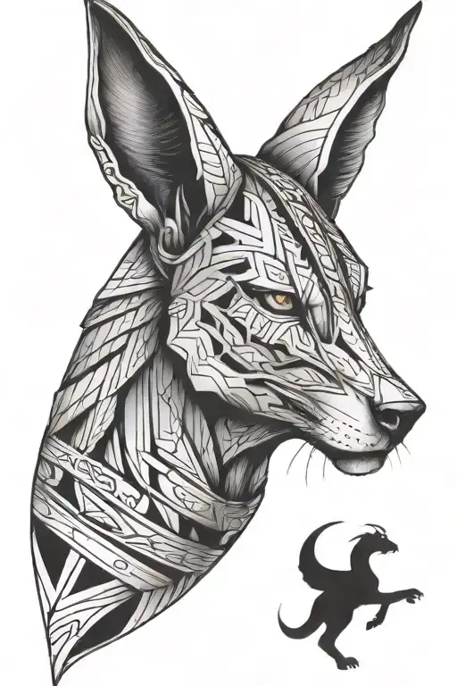 Inner forearm features Anubis (dark). Outer side shows life and nature. Fine line style, greyscale colors, seamlessly co tattoo design idea