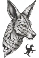 Inner forearm features Anubis (dark). Outer side shows life and nature. Fine line style, greyscale colors, seamlessly co tattoo design idea