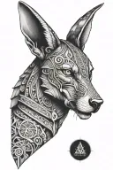Inner forearm features Anubis (dark). Outer side shows life and nature. Fine line style, greyscale colors, seamlessly co tattoo design idea