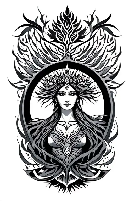 tribal design including army elements, tree of life, dna strand, goddess tattoo design idea