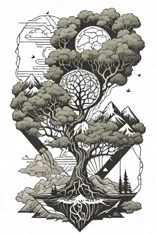 snowy mountains, thunderstorms, and the tree of life intertwined tattoo design idea